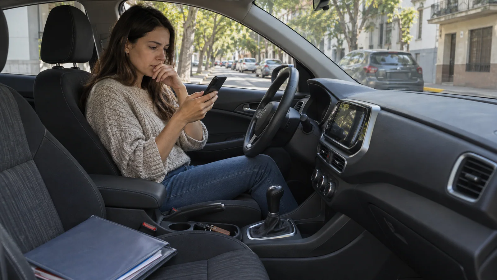 Conductora siguiendo un reclamo desde su auto estacionado en Buenos Aires
