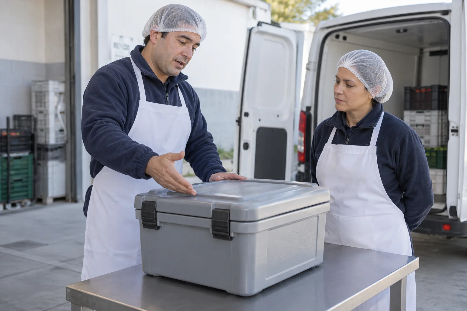 Dos trabajadores observan un contenedor cerrado durante una explicación en una base alimentaria