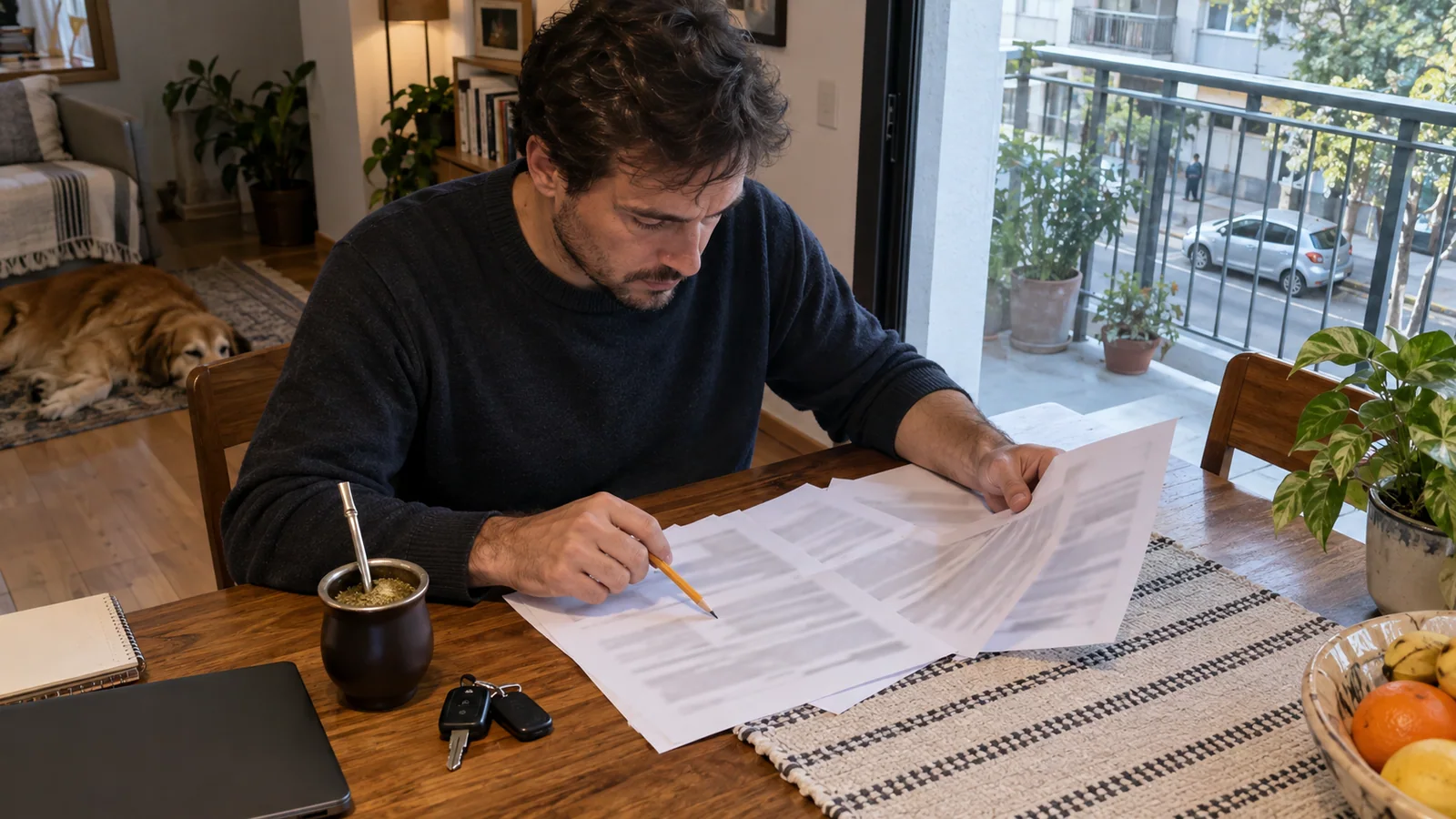 Conductor revisando las hojas de su póliza en un departamento de Córdoba