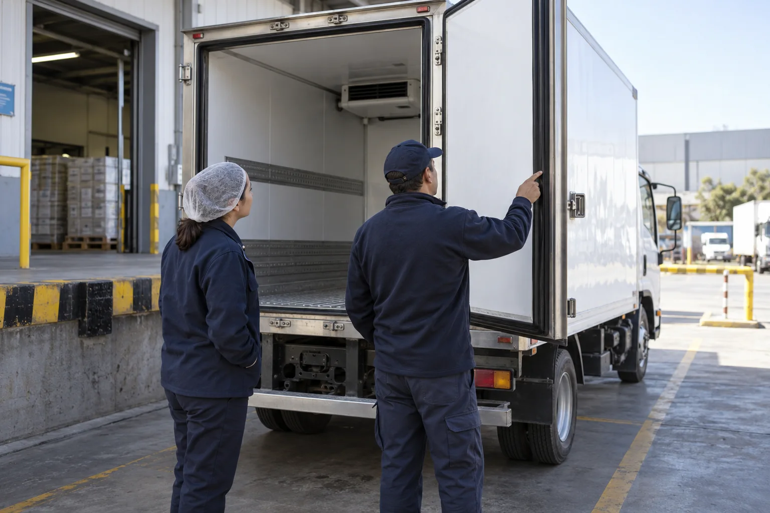 Dos personas revisan el cierre de la caja de un camión frigorífico estacionado en un andén