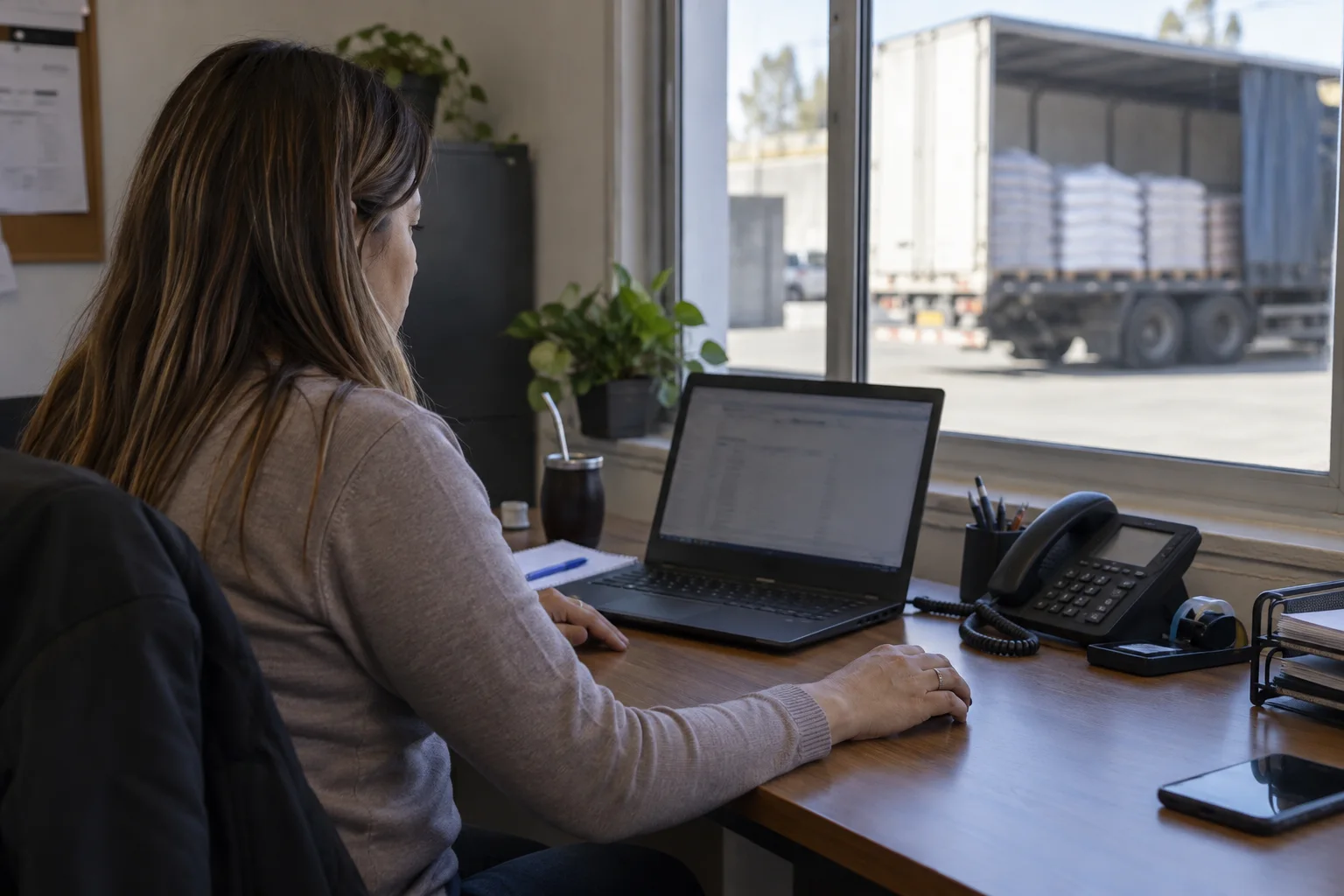 Administradora trabaja en una oficina de despacho con un camión visible desde la ventana