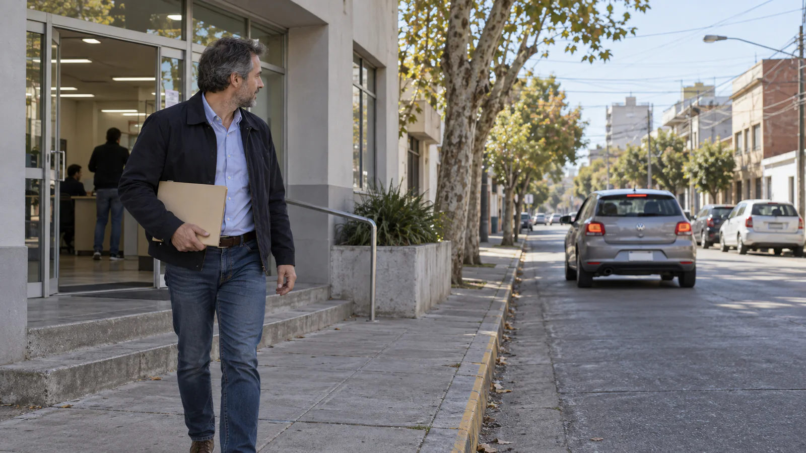 Vendedor sale de una oficina registral mientras el auto vendido se aleja por la calle