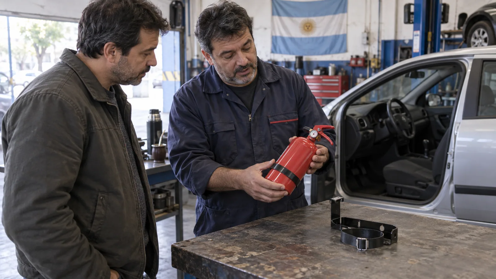 Técnico mostrando un matafuego y su soporte fuera de un auto en un taller argentino