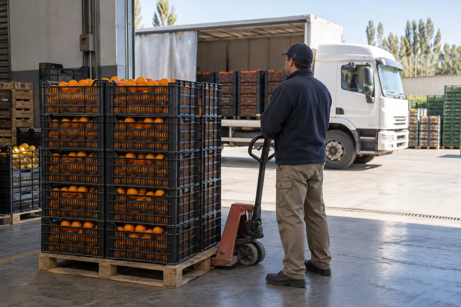 Cajones de naranjas sobre un pallet en el sector de expedición de un empaque argentino