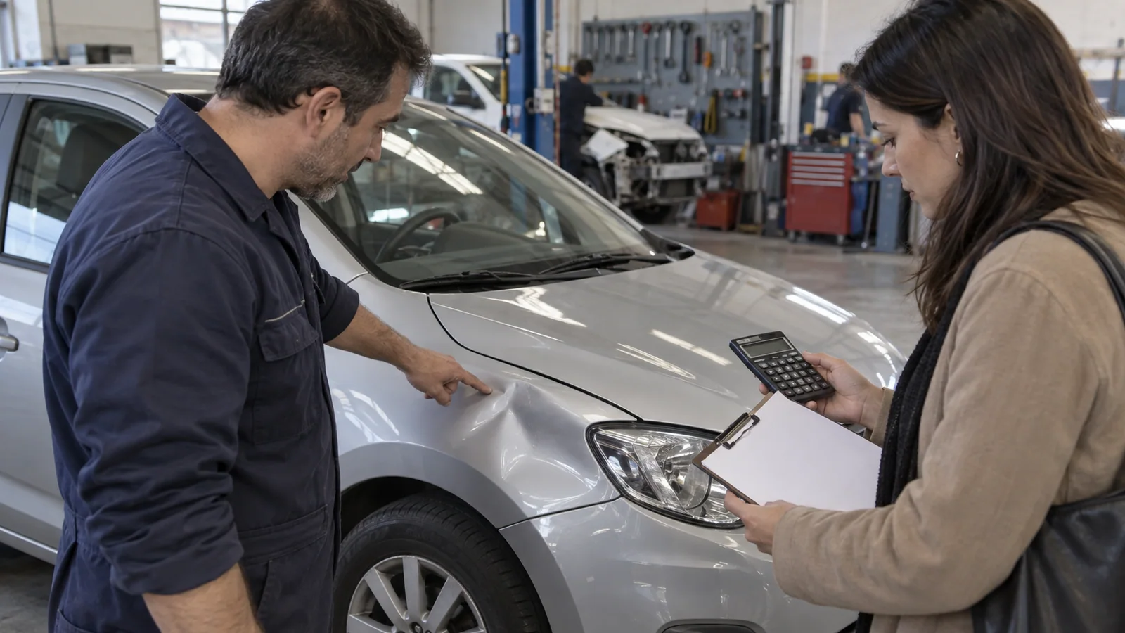 Propietaria y chapista evaluando una abolladura en un auto compacto