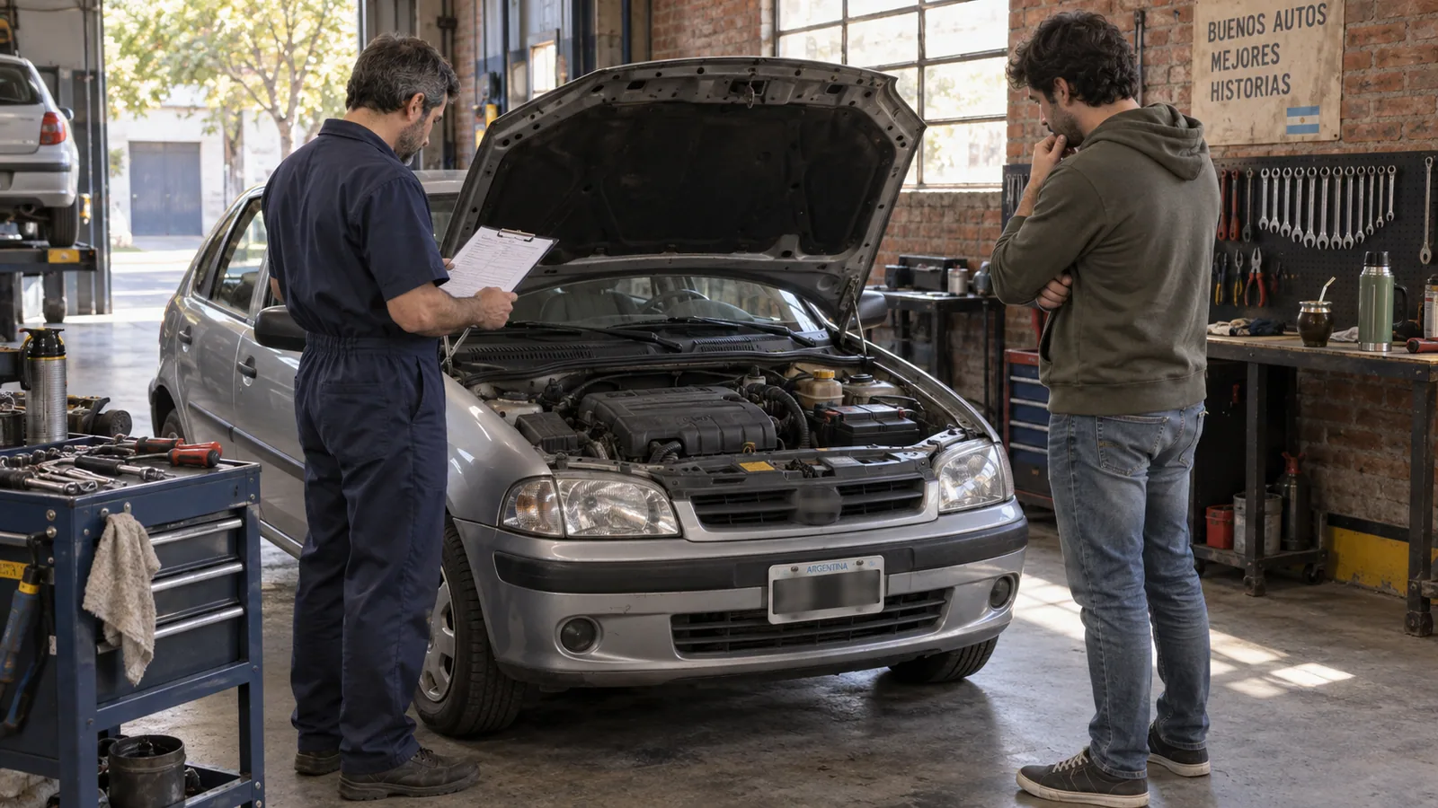Mecánico y comprador revisando un auto usado en un taller de barrio argentino