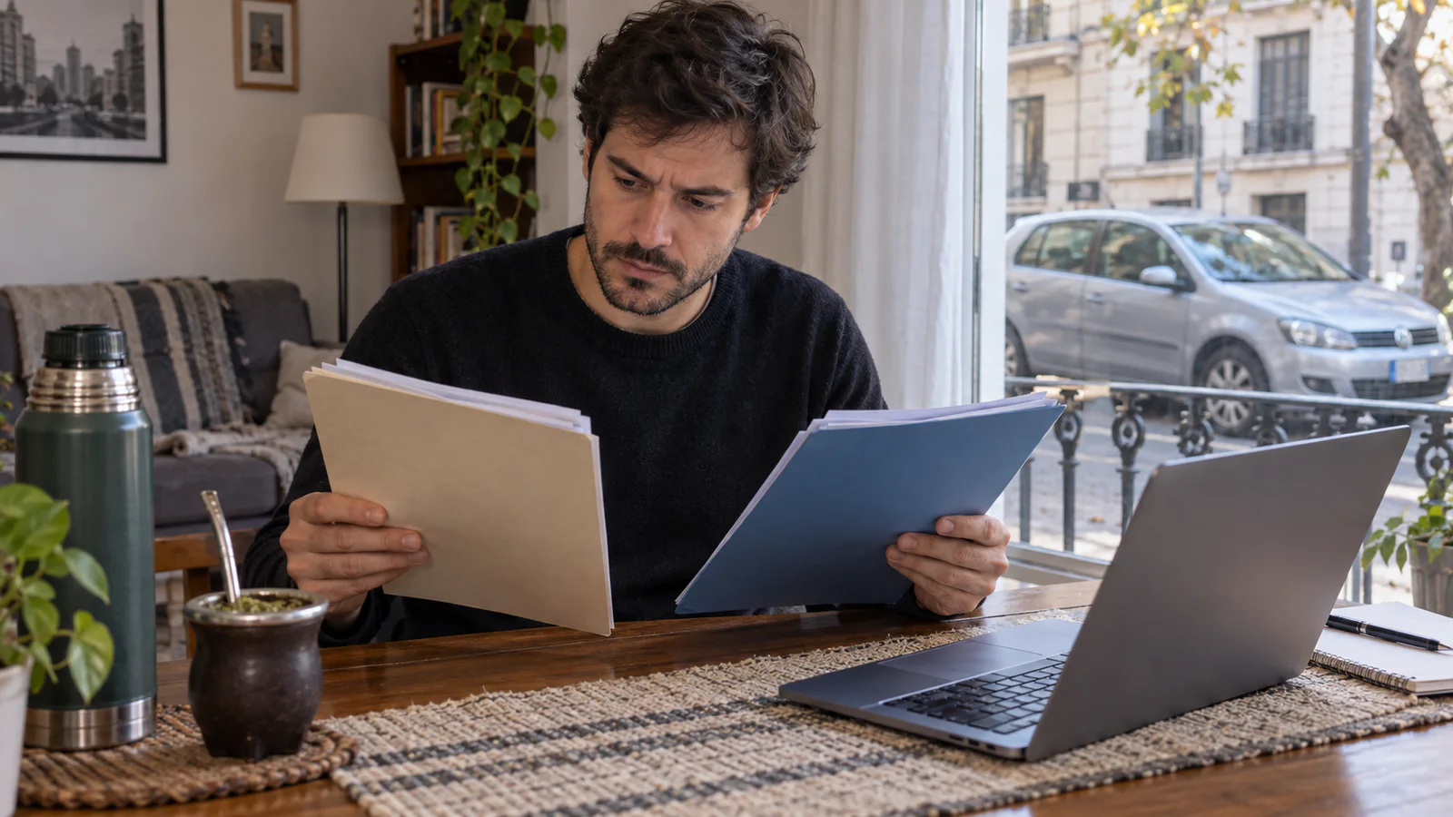 Comprador compara dos carpetas antes de avanzar con la compra de un auto usado