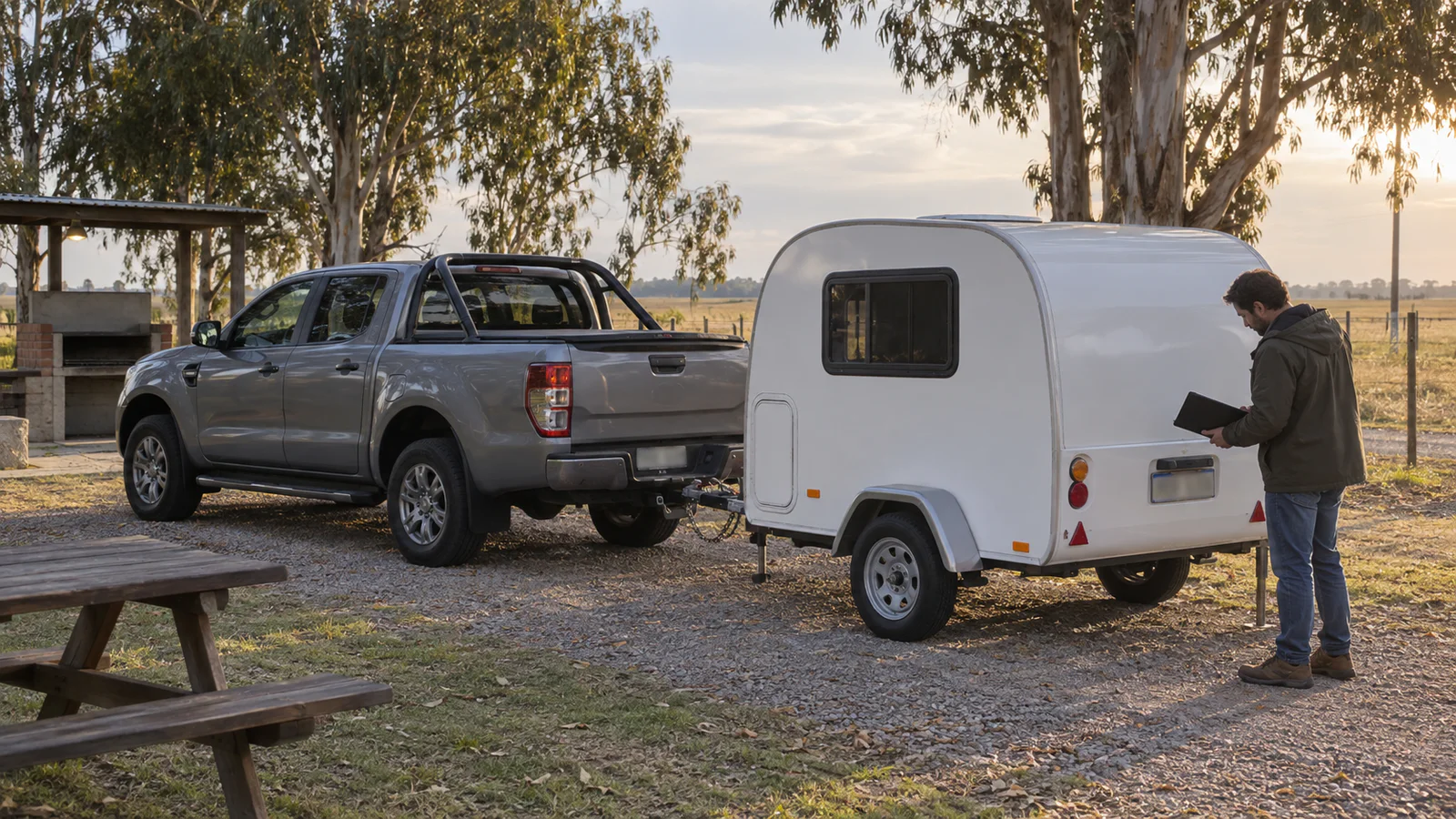 Conductor revisa una casa rodante enganchada a una camioneta en un camping bonaerense