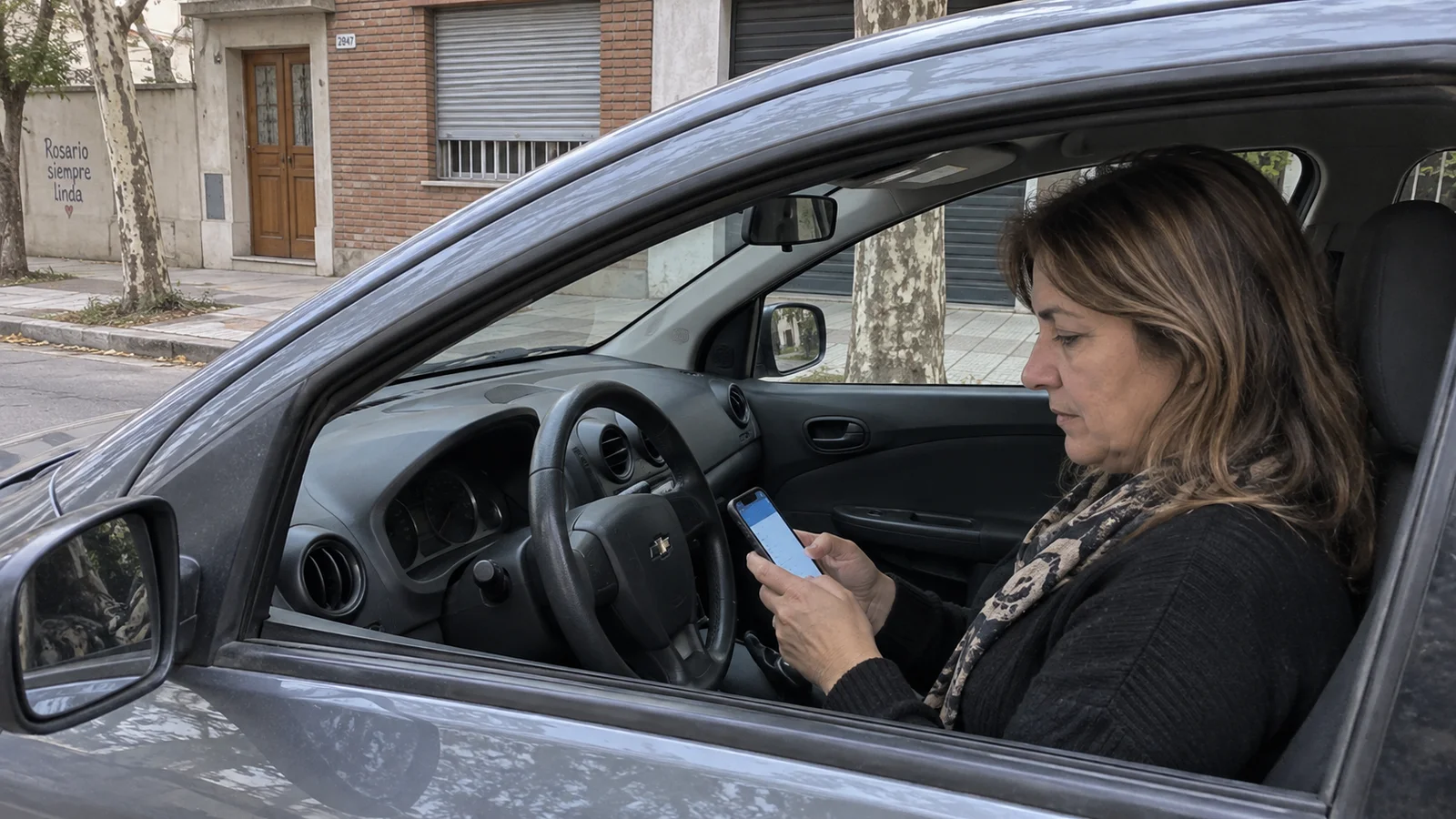 Conductora consultando su teléfono dentro de un auto estacionado