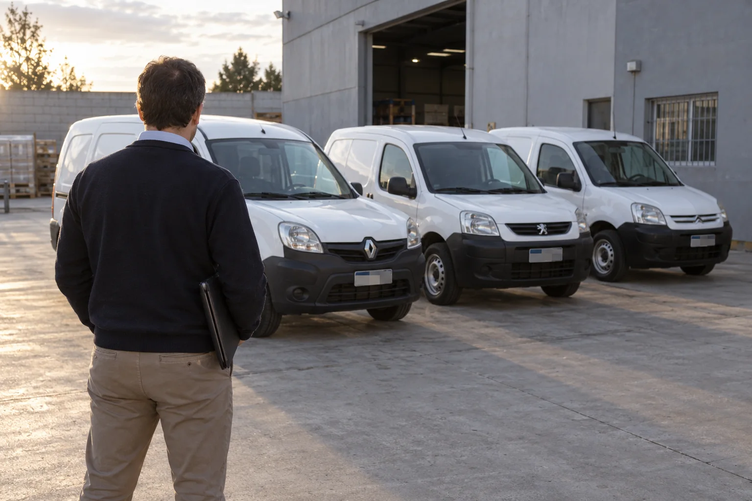 Responsable de flota observa tres utilitarios estacionados en un patio industrial argentino