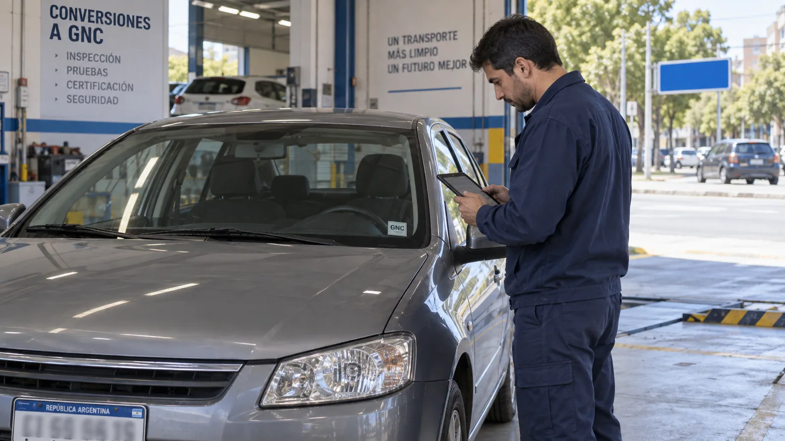 Técnico consultando la oblea de GNC de un auto en un taller argentino
