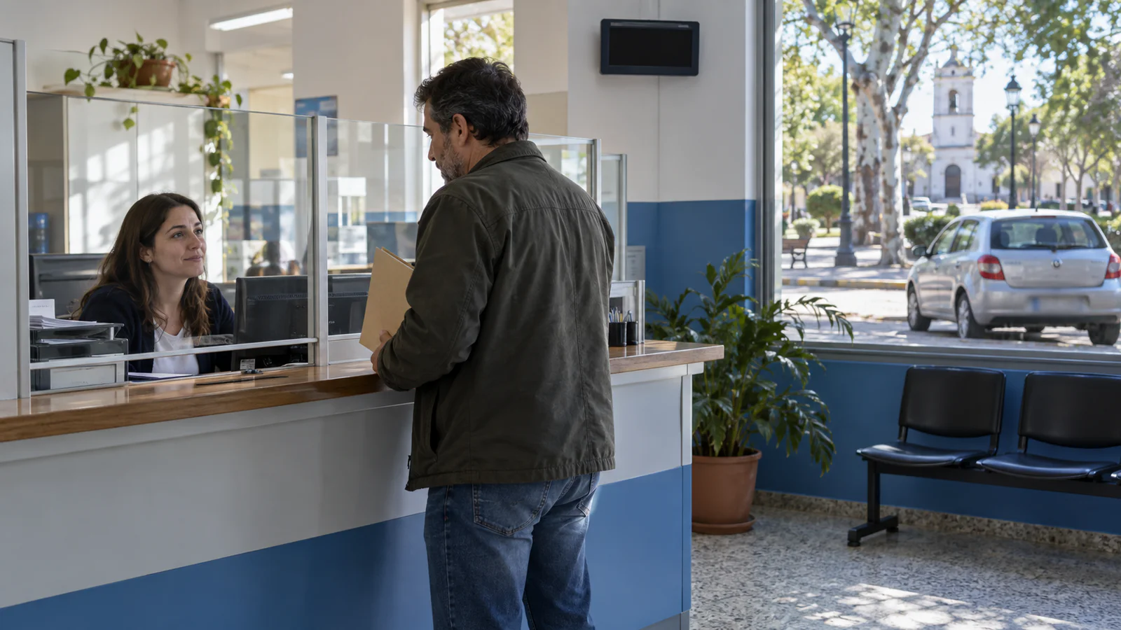 Vecino consulta en la ventanilla de una oficina municipal bonaerense