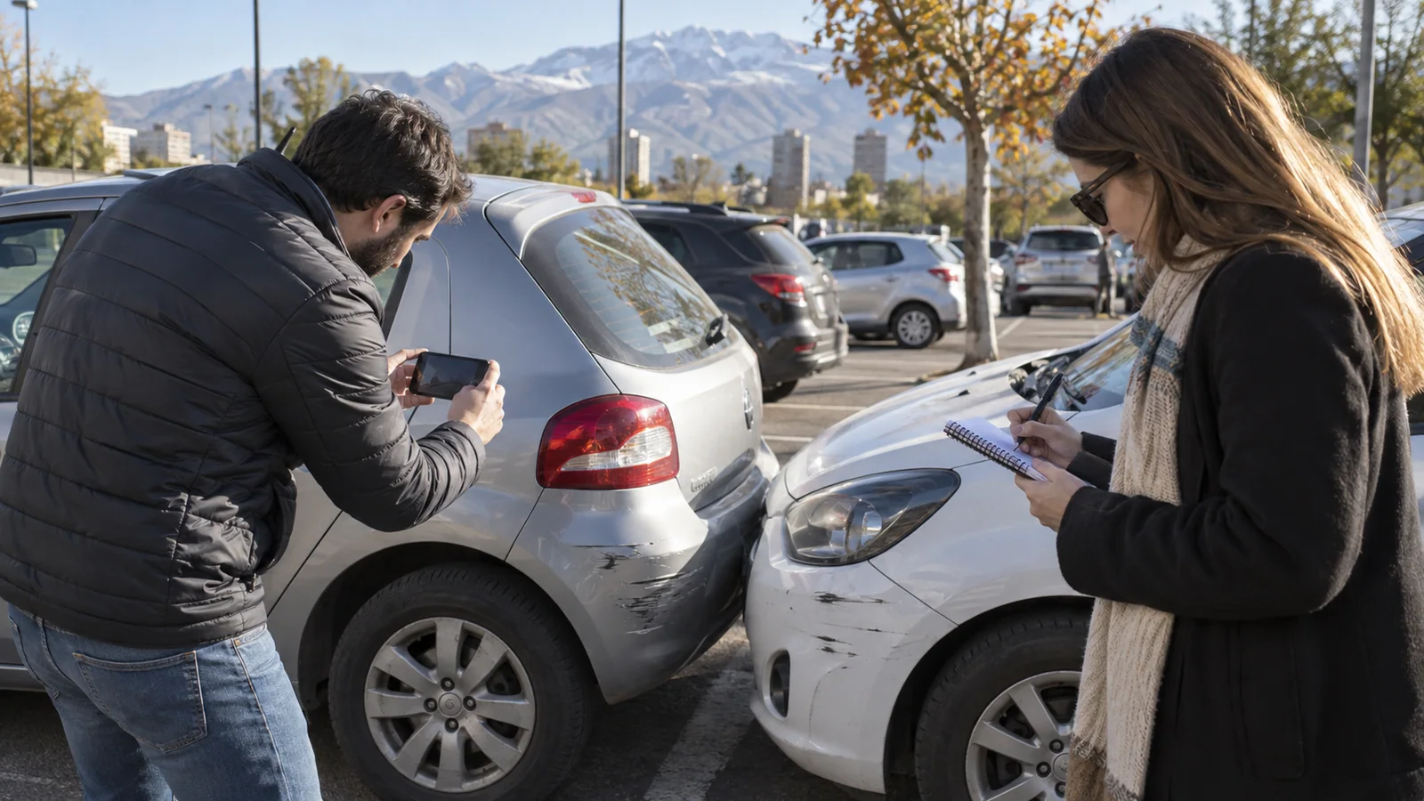 Conductores registrando daños de un choque leve en un estacionamiento de Mendoza