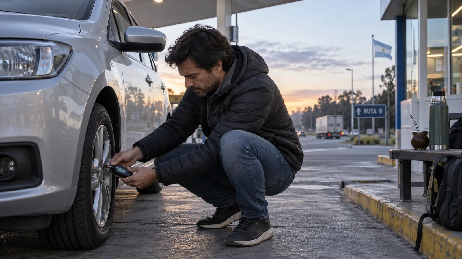 Conductor midiendo la presión de un neumático al amanecer en una estación de ruta argentina