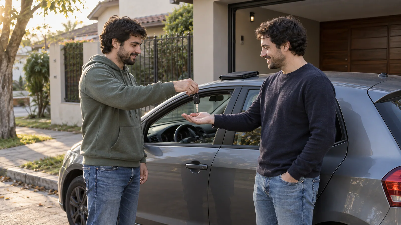 Dos amigos intercambiando la llave de un auto en una casa del conurbano bonaerense