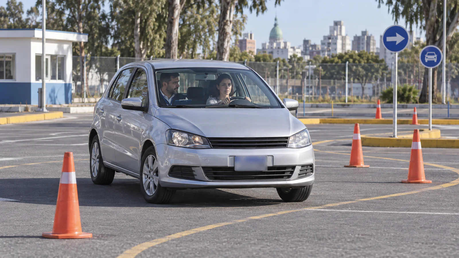 Aspirante practica con un instructor entre conos de un circuito de manejo argentino