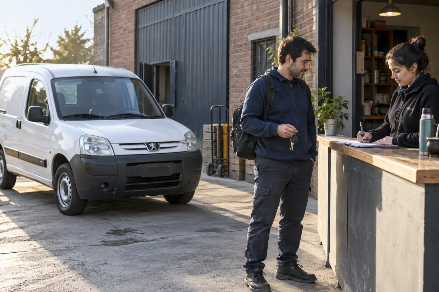 Dos personas registran un relevo junto a un utilitario estacionado en una base argentina
