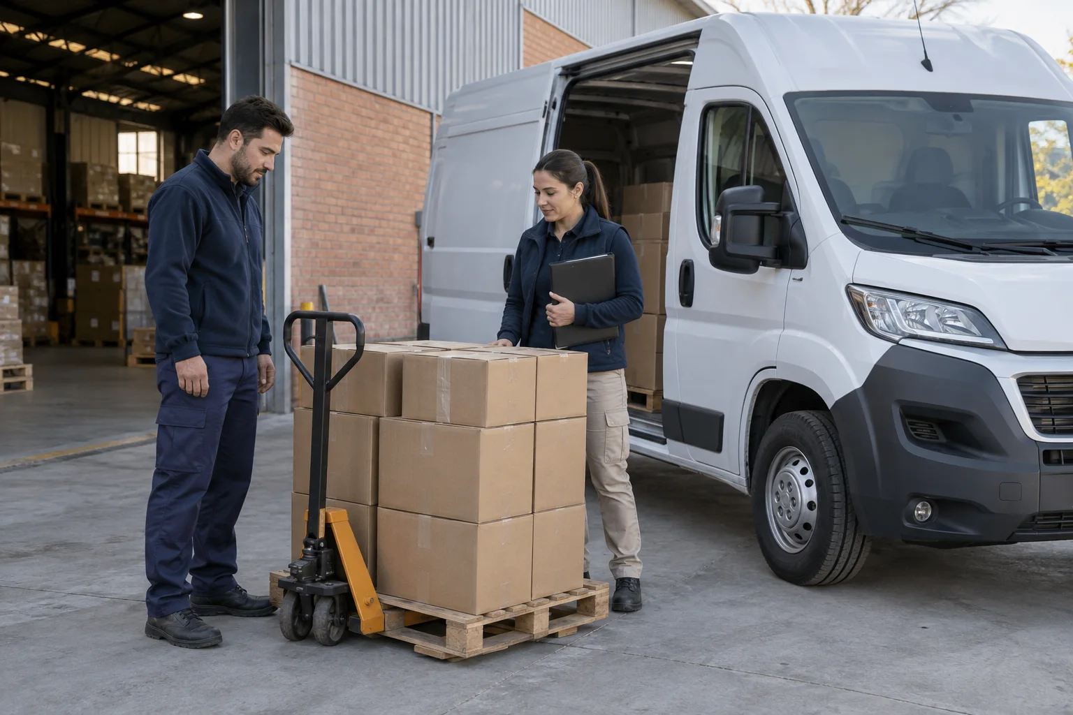 Dos trabajadores revisan cajas sobre un pallet junto a un utilitario de distribución argentino