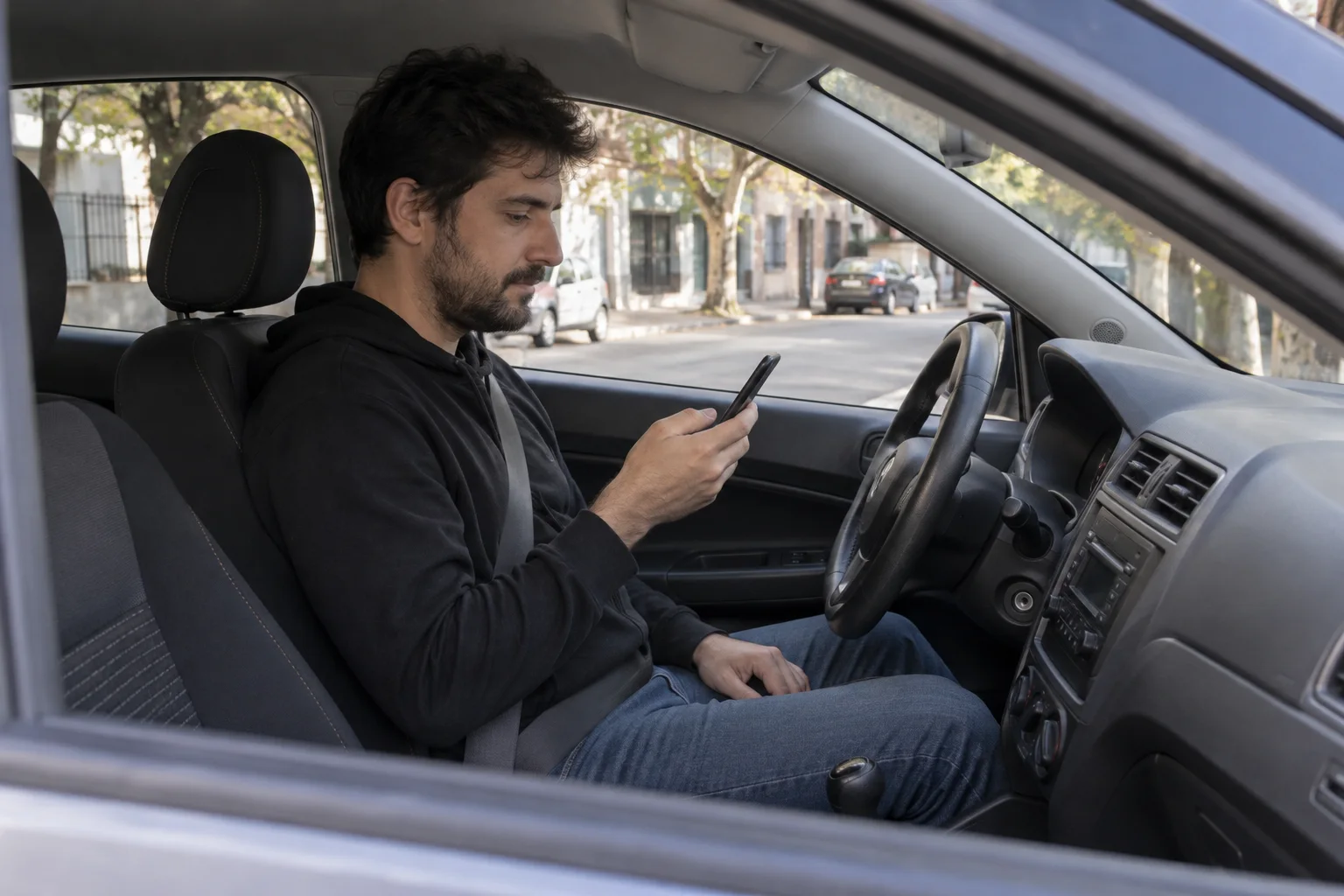 Conductor consulta un teléfono dentro de un auto estacionado en una calle argentina