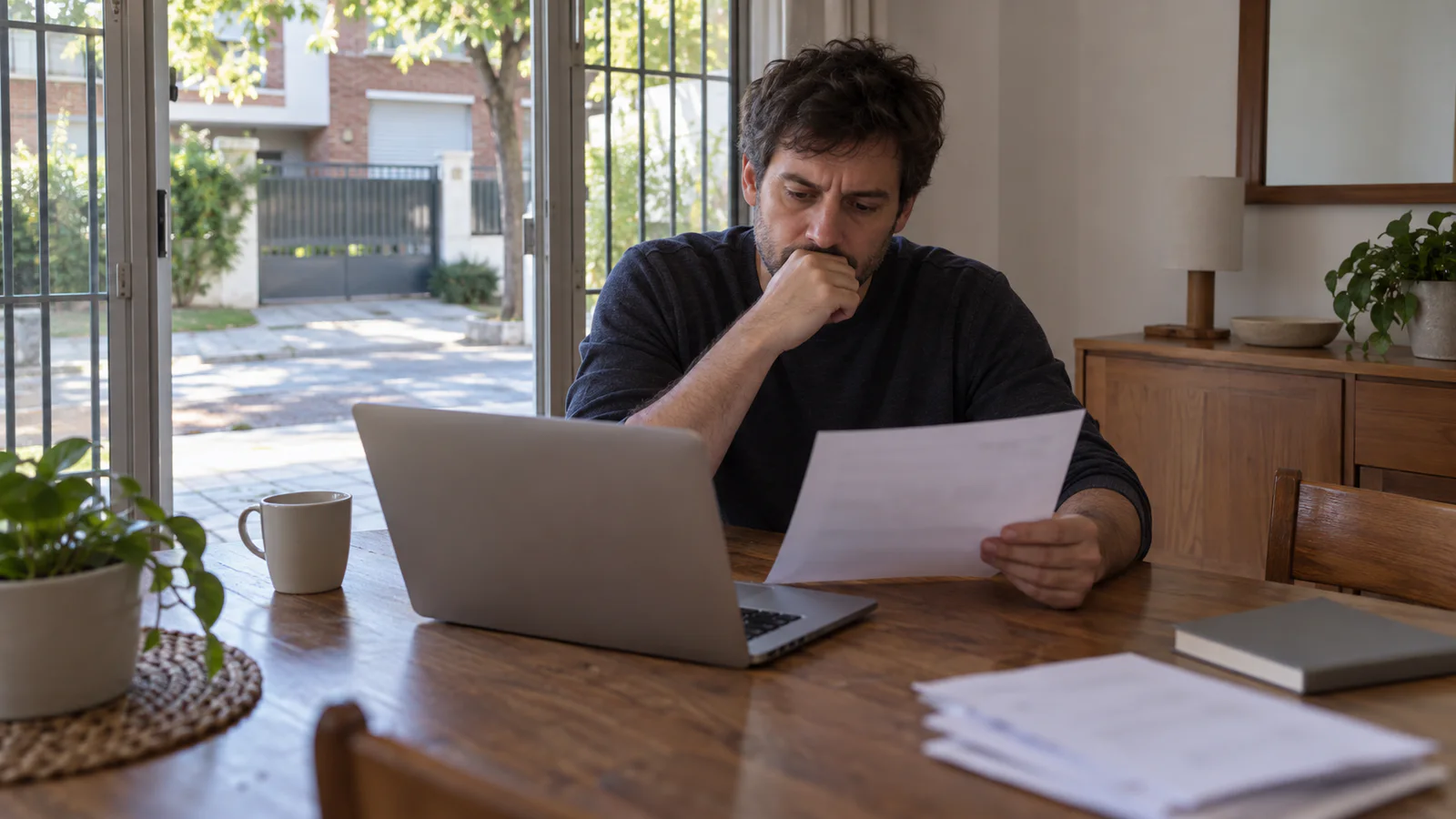 Vendedor revisa una boleta de patente en una casa bonaerense con la entrada vacía